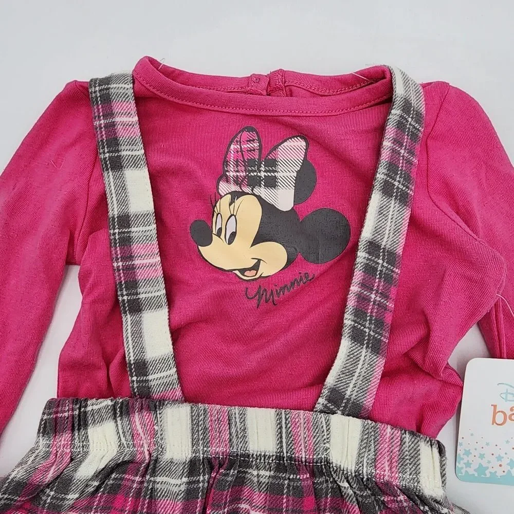 DISNEY MINNIE MOUSE 3-PIECE OVERALL‎ SKIRT SET WITH TIGHTS 6-9M. NEW PINK